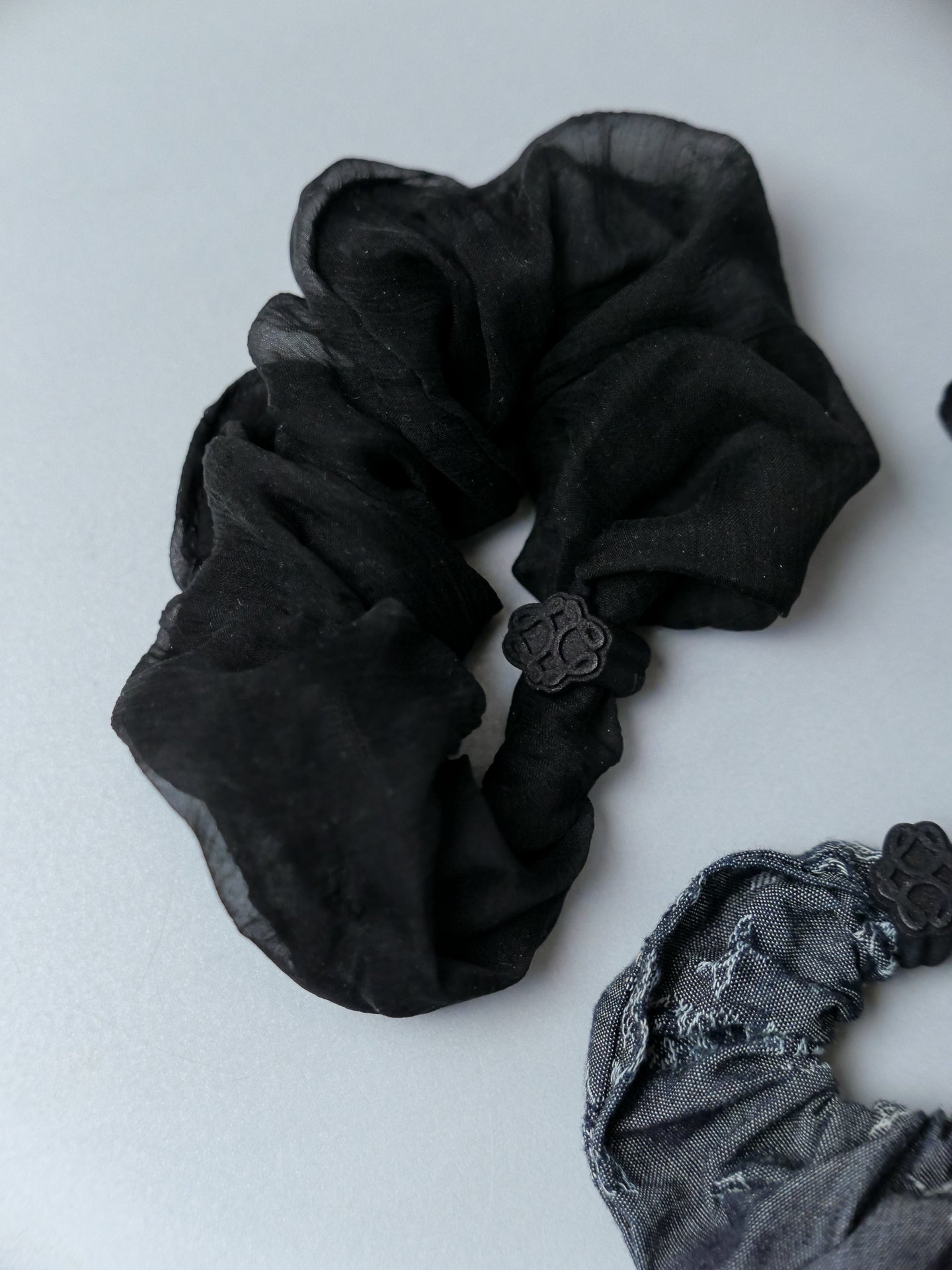 The Black Silky-Chiffon Monogram Scrunchie